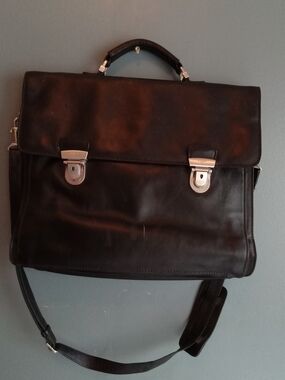 Classic Men's Black Leather Briefcase with Silver Accents